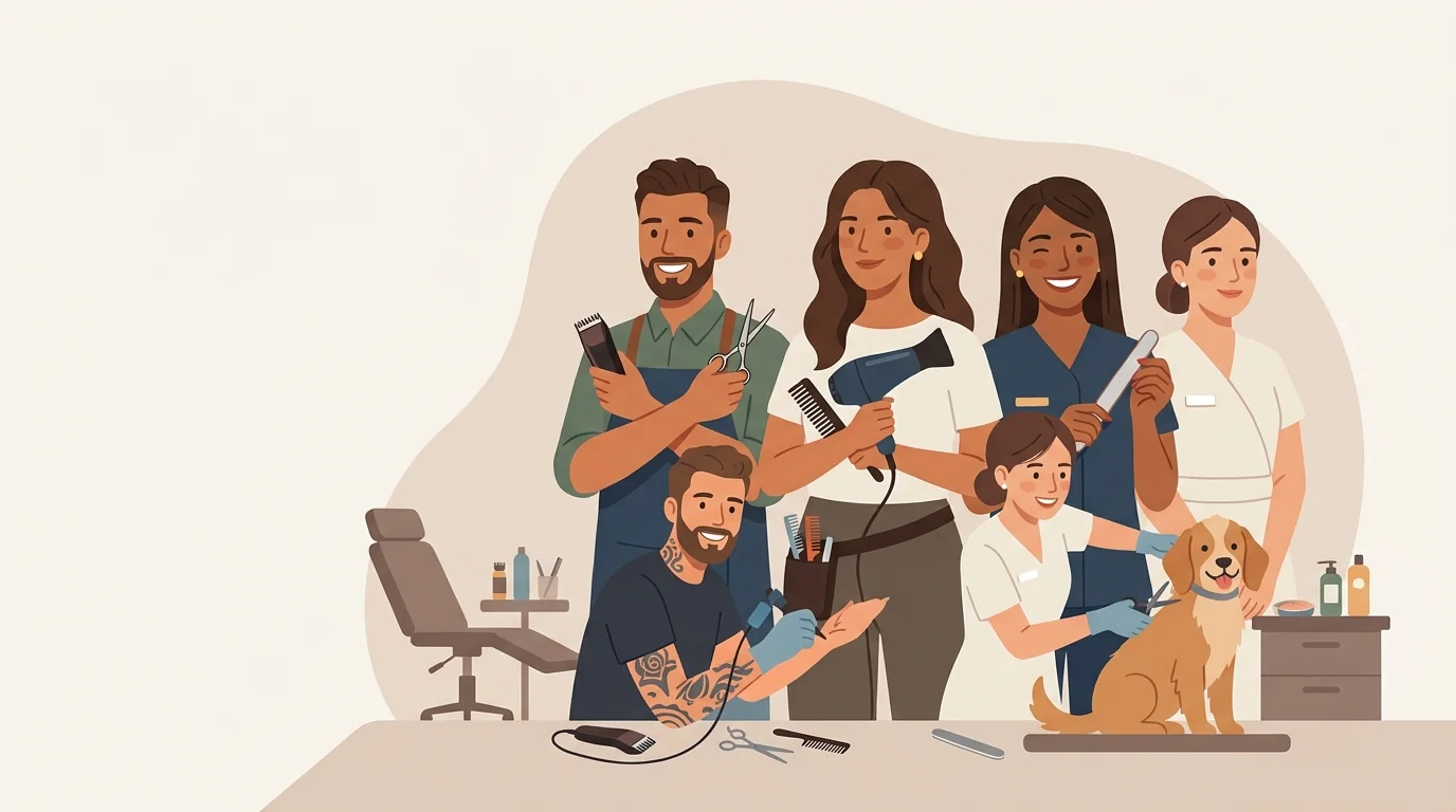 Equipo de un negocio de belleza: barbero, estilista, manicurista, esteticista, tatuador y peluquera canina trabajando juntos