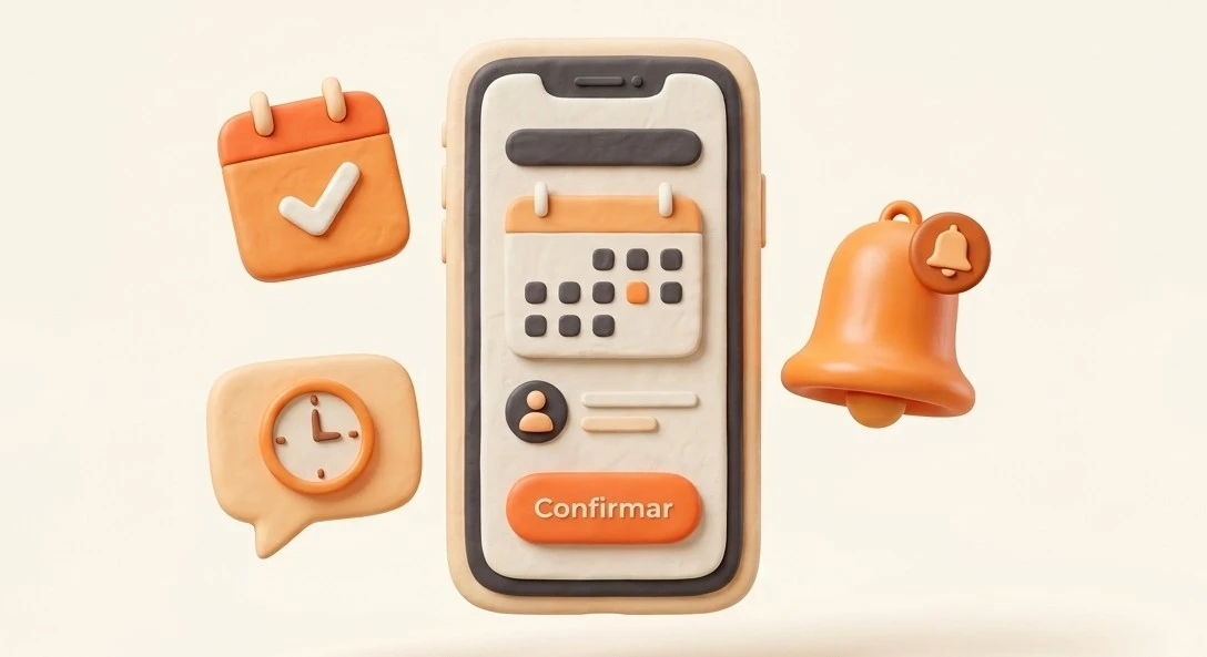 Ilustración de un celular con el calendario de reserva, un recordatorio y el botón de confirmar